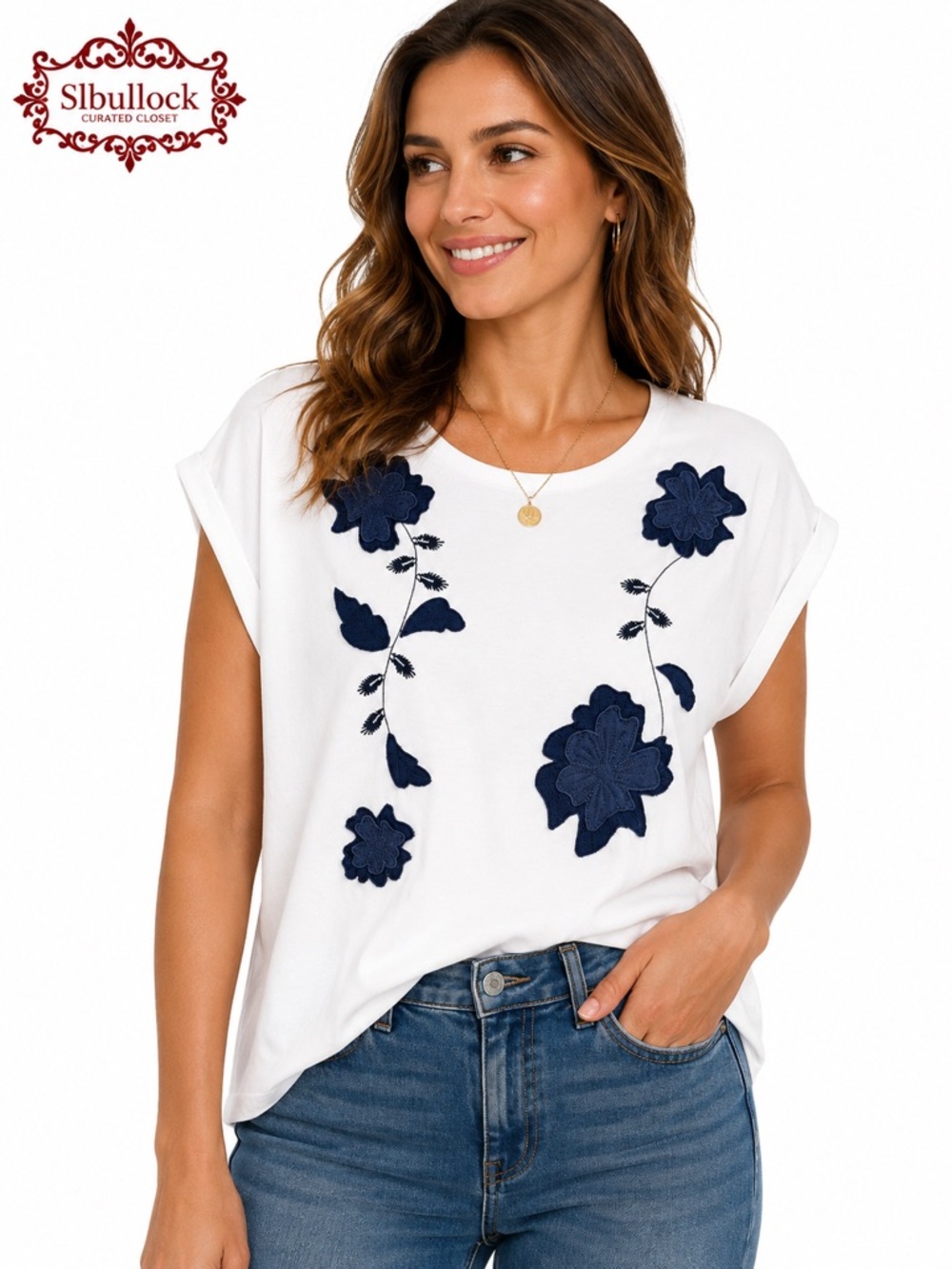 Q2 Mesh + Love Floral Appliqué Tee Size Large Cotton Blend Short Sleeve Top NWOT